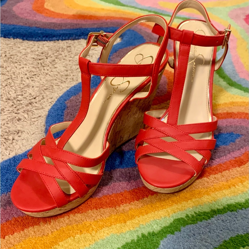 Jessica Simpson Faux Leather Cork Wedge Sandals - Size 10